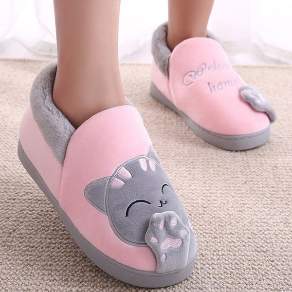 

women's house shoes women warm home slippers couple shoes female plush cat animal ladies slip on flats woman plus size 36-44 mx200425, Black