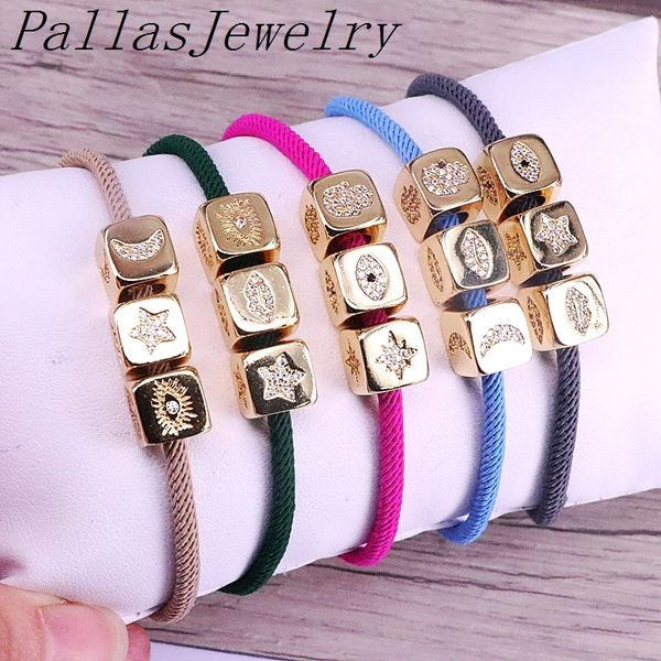 

5pcs gold cz micro pave star moon lip eye cube square beads cord thread string rope lucky bracelets mix color women jewelry, Golden;silver