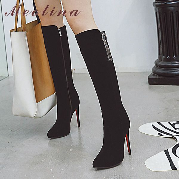 

meotina winter knee high boots women boots fringe stiletto heels long zip super high heel shoes lady autumn big size 33-43, Black