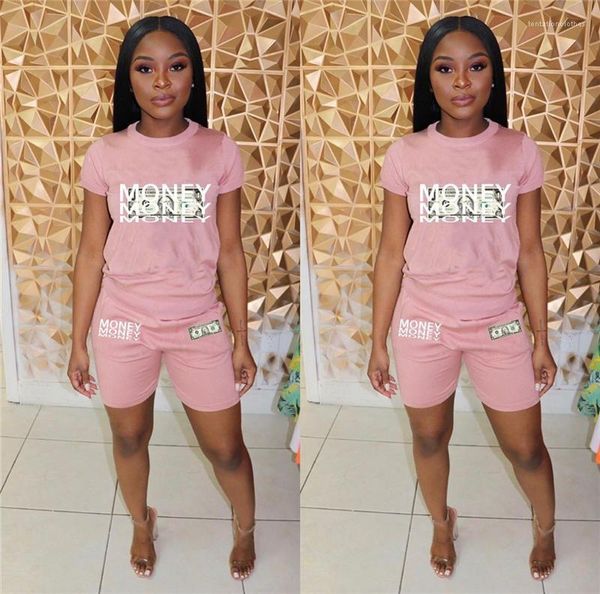

shorts sets with money printed slim female tracksuits casual womens clothing women two piece, Gray