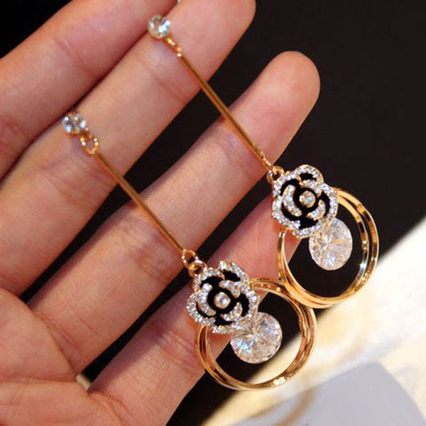 

flower shining cubic flower crystal drop tassel earrings for women wedding party jewelry, Silver