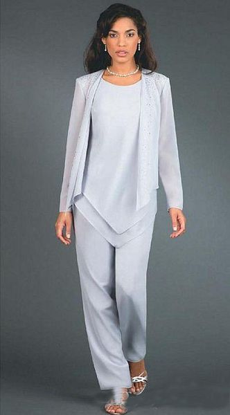 

New Real Image Ladies Designer 3-Piece/set Blue Chiffon Mother of The Bride Pant Suits Long Sleeves Women Party Gowns Lady Evening Dresses