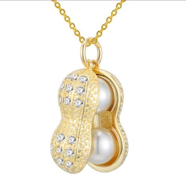 

light yellow gold color peanut imitation pearl pendant link chain necklace with rhinestone jewelry, Silver