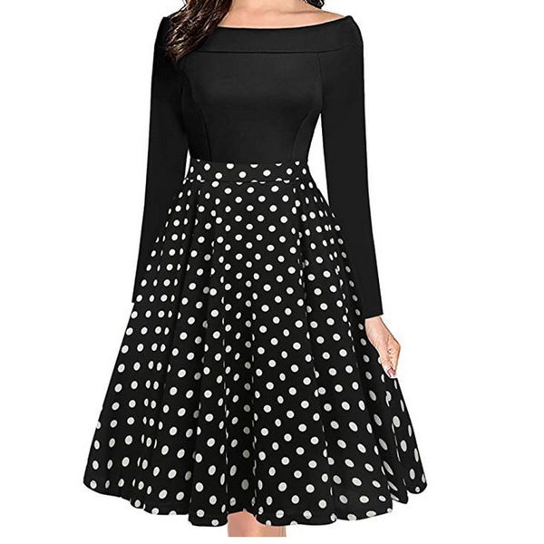 

fashion summer dress female women slash-neck off shoulder long sleeve knee-length dot dress elbise robe vestidos, Black;gray
