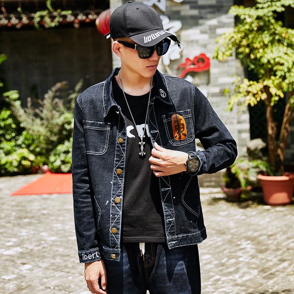 

polka dot men jean jacket pattern men overcoat patchwork mens jackets and coats streetwear, Black;brown