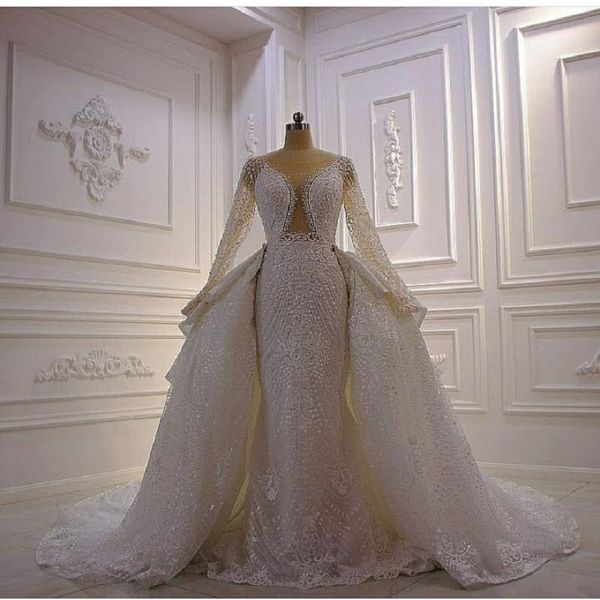

gorgeous mermaid wedding dresses with detachable train appliqued sweep train long sleeve wedding dress bridal gowns luxury abiti da sposa, White