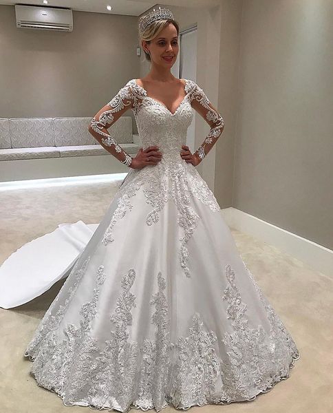 

classy lace long sleeves wedding dresses v neck appliqued bridal gowns with detachable train a line sweep train satin robe de mariÃ©e, White