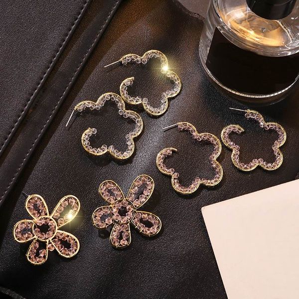 

hollow out crystal flower hoop earrings for women 2020 new fashion jewelry handmade sweet pendientes wholesale, Golden;silver