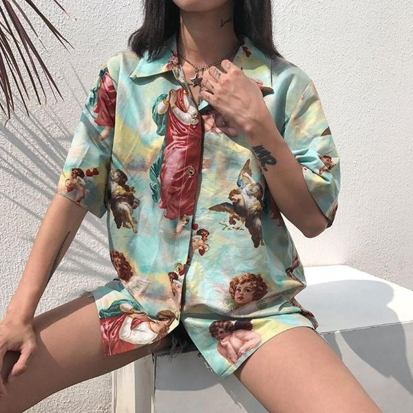 

women's blouses & shirts women spring summer shirt print short sleeve cute angel printed oversize blouse camisa de gasa las mujeres, White