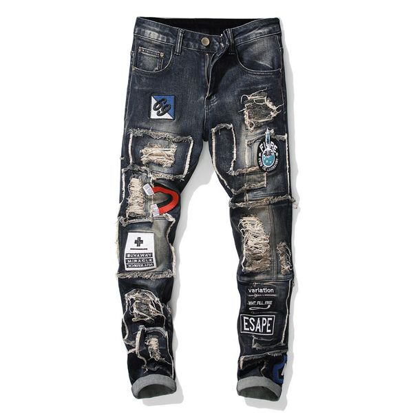 

kimsere fashion men's hi street ripped jeans pants with patches streetwear destroyed denim trousers with holes hip hop jeans, Blue