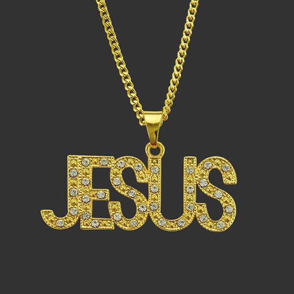

2019 hip hop jewelry fashion jesus letter pendant necklaces women men rhinestone gold long chain necklaces & pendants gifts, Silver