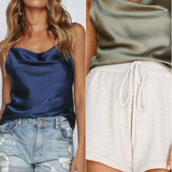 

fashion women lady solid sleeveless blouse tank underwear silk satin camisole cami strappy vest, White