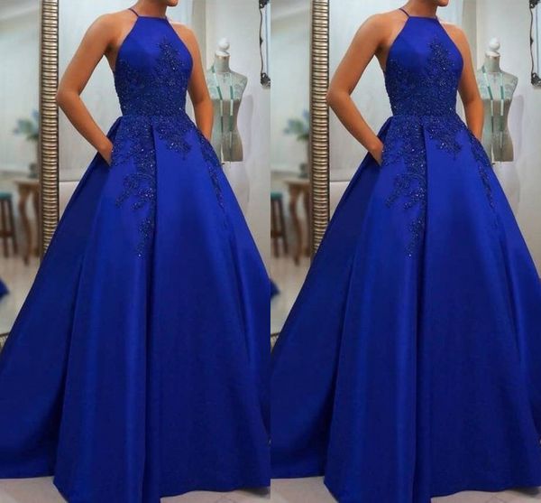 

blue halter v back evening dresses with pockets ball gown girls party dress sequins crystal beading formal prom gowns 2019, Black;red
