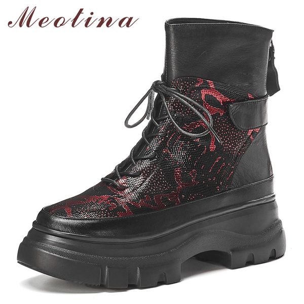 

meotina autumn ankle boots women natural genuine leather flat platform short boots mixed colors zip shoes lady winter red 34-39, Black
