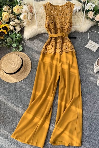 lace patchwork wide leg belted jumpsuits