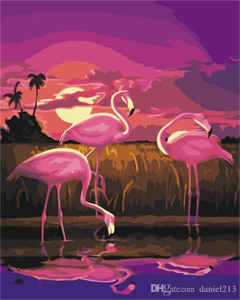 Acheter 16x20 Pouces Bricolage Peinture Sur Toile Dessin Par Numéros Kits Coucher De Soleil Les Flamants Roses à La Plage Art Acrylique Cadre De