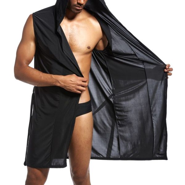 

men hooded bathrobe thin sleeveless cardigan breathable homewear with belt kng88, Black;brown