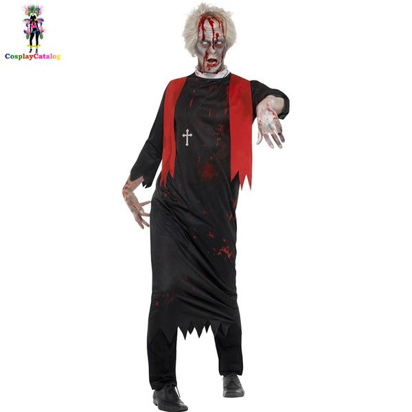 

halloween mens zombie high priest costume man bloody mary church father dress scary undead horror fancy uniforms, Black;red