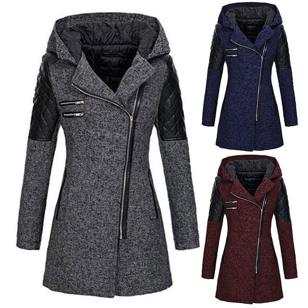 

plus size women chic winter diagonal zipper pockets woolen warm trench coat, Tan;black
