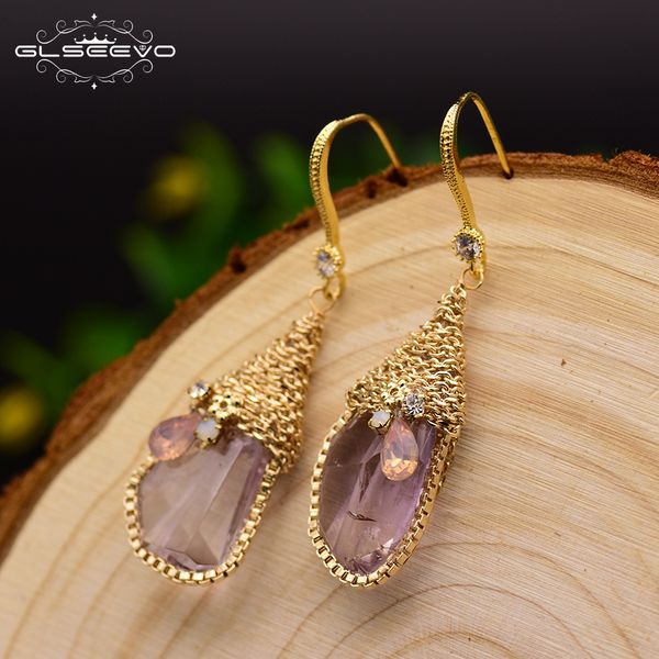 

glseevo natural ore pink crystal dangle earrings hook women handmade luxury jewelry boucles d'oreilles pour les femmes ge0313 cj191209, Golden