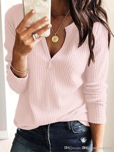 

весна женский v-образным вырезом блузка модельер с длинным рукавом футболки женские твердые футболки повседневная женская одежда, White