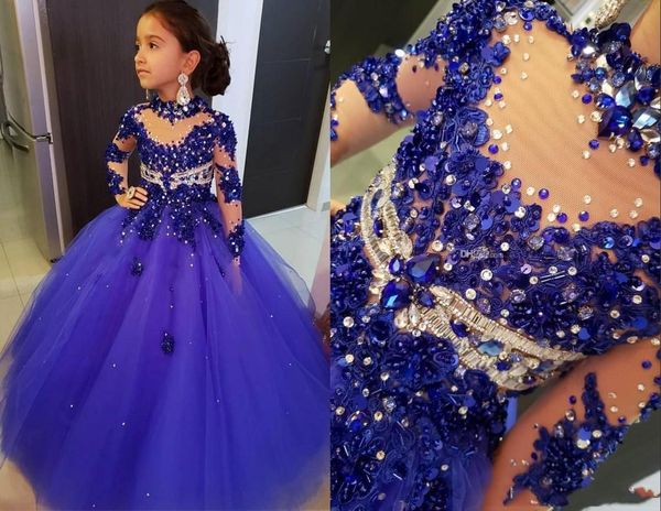 Vestidos da menina de flor azul real para casamentos alta pescoço cristal frisado ilusão mangas compridas crianças pequenas vestidos do bebê primeira comunhão 237s