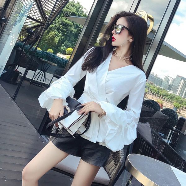 

женщины платья design sense minority v-образный вырез крест талии похудение фонарь лепесток рукава сборки хем французская белая рубашка женщ, White