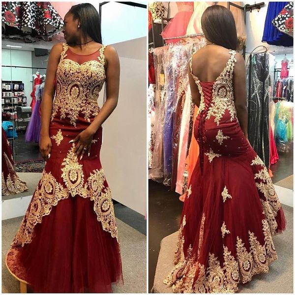 

stunning burgundy with gold appliques pageant prom dresses 2019 mermaid jewel sheer neck backless corset celebrity evening formal gowns, Black