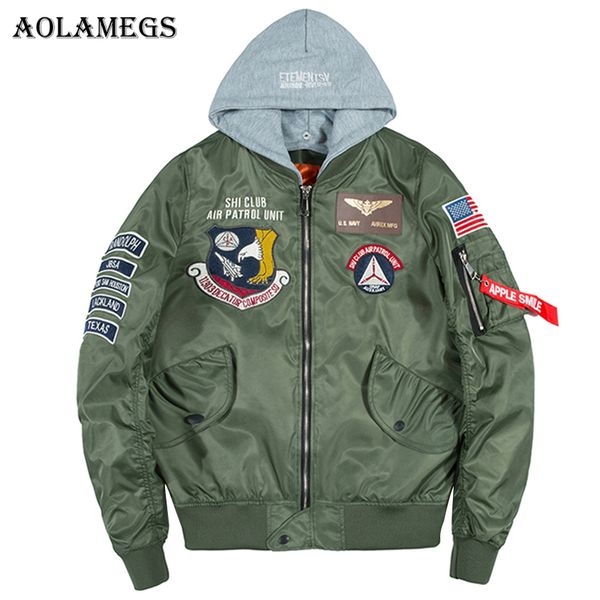 

aolamegs bomber jacket men badge air pilot hooded thin ma-1 men's jacket hip hop fashion outwear men coat bomb baseball jackets, Black;brown