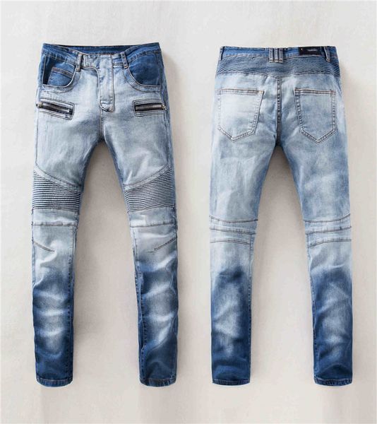 

mens pleated jeans fashion skinny washed long pants autumn designer distrressed zipper fly jeans, Blue