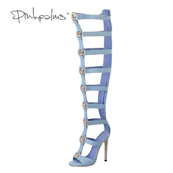 

pink palms women summer shoes blue denim high heels metallic tiger fretwork over the knee boots strap motorcycle sandals, Black