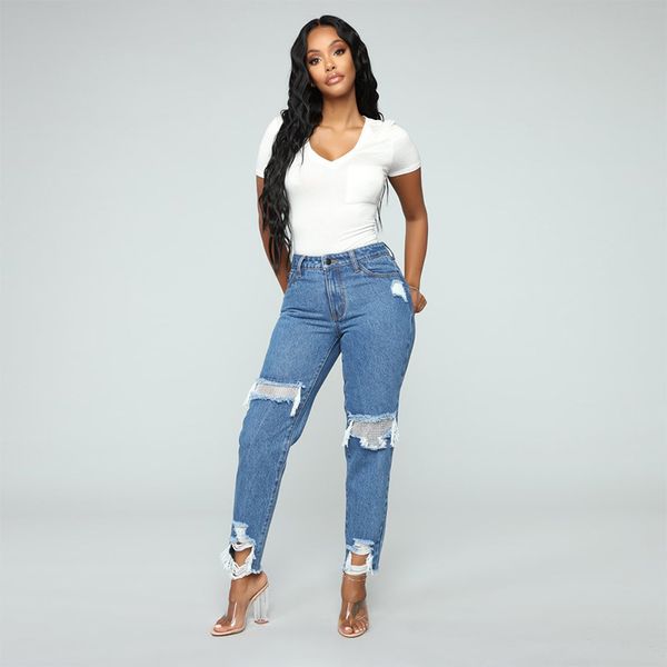 

european and american-style jeans with holes jeans women's, Blue