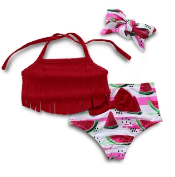 

baby girls swimsuits kids tassel suspender shorts bow headband 3 pcs sets printed children swimwears pineapple dinosaur fruit yw3461q, Blue