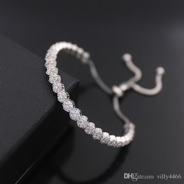 

wholesale- steel love bracelet&bangle copper micro inlaid exquisite shine 6 crystal round flower c type telescopic h bracelet, Golden;silver