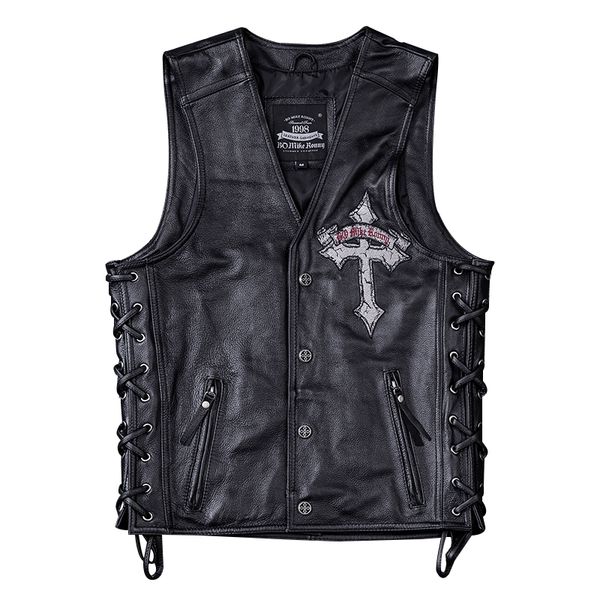 

head layer cowhide leather leather vest male punk heavy locomotive vest sleeveless garment tide of cultivate one's morality, Black
