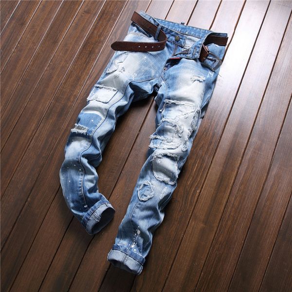 

spring 2020 new tattered splash stitching men's slim jeans european and american small straight beggar pants trend men's pants siz, Blue