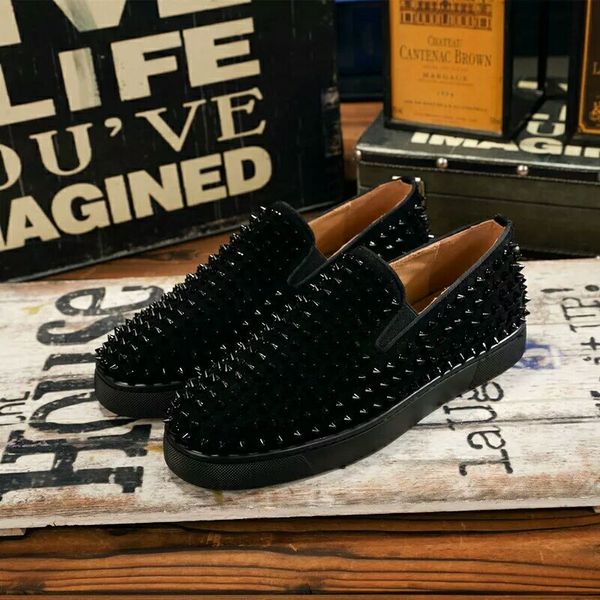 

luxury designer red bottom loafers for women genuine leather slip on platform casual sneakers spikes wedding party flats men shoes 35-46 t05, Black
