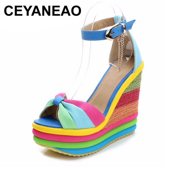 

ceyaneaosandals платформы сандалии клин сандалии лета богемское цвета пятки высокие блок с лодыжки ремень сандалии женщина плетеный y200702, Black