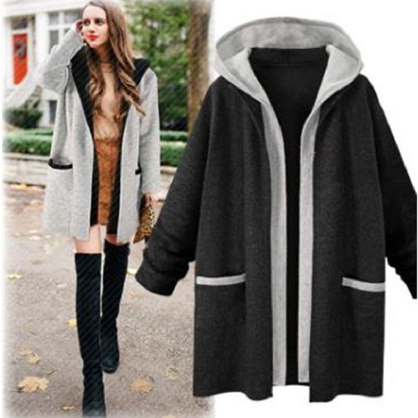 

luzuzi spring autumn newfashion hooded fake two loose color matching cardigan in the long sweater coat female cr7029, Tan;black