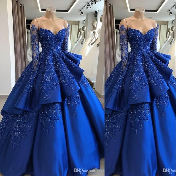 

new ball gown quinceanera dresses long sleeves royal blue satin lace appliques beads sweet 16 party formal prom dresses evening gowns, Blue;red
