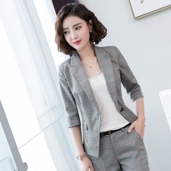 

2020 gray plaid skirt suit set uniform female elegant formal office lady jacket and long blazer set women ol 2 two pieces suits, White;black