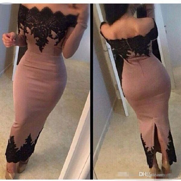 

2019 custom made sheath chrismas formal evening dresses tea length long sleeve with lace appliques modest prom gowns chea saudi arabia dubai, Black