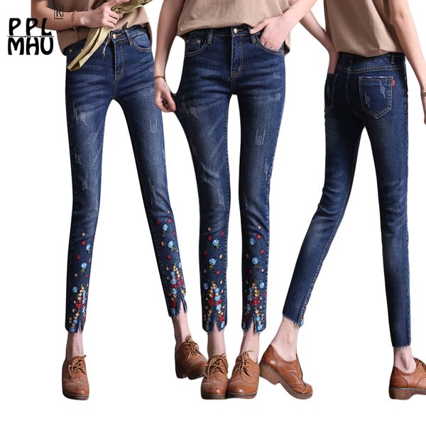 

2019 мода пункт mujer де корте bordado тонкий жан тонкий тощий брюки стрейч брюки ajustados мухерес femeninos, Blue