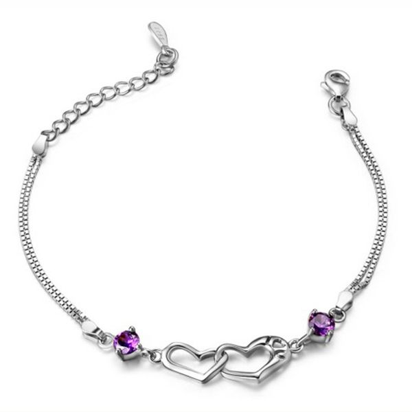

fashion trendy female bracelet simple design silver chain jewelry luxury white purple crystal love heart bracelets, Black