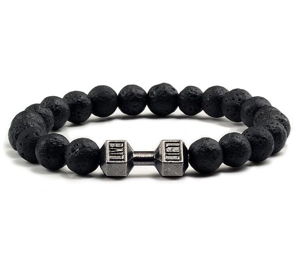 

natural black volcanic lava stone dumbbell bracelet black matte beads bracelets for women men fitness barbell jewelry pulseras gb878