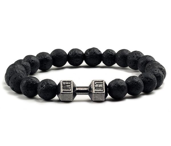 Natürliche schwarze vulkanische Lavastein Hantel Armband schwarz matt Perlen Armbänder für Frauen Männer Fitness Hantel Schmuck Pulseras GB878