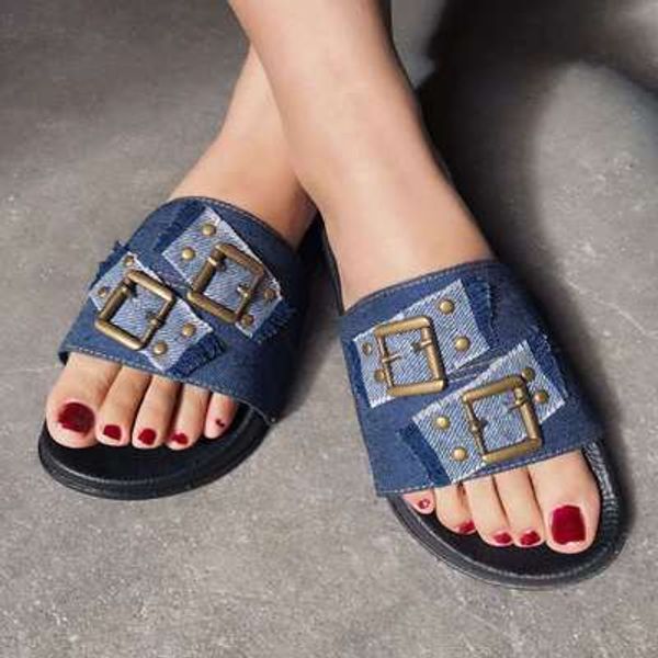 

new summer canvas denim word drag female thick bottom non-slip flower small fresh wild flat slippers, Black