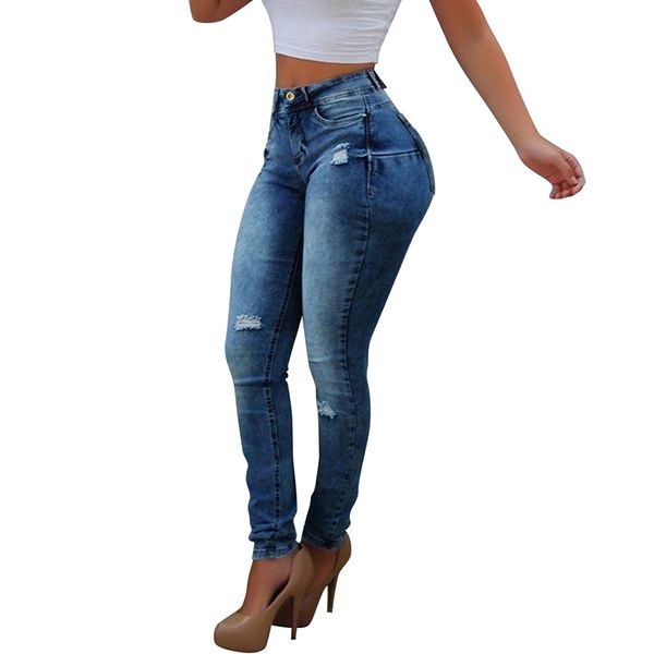 

sale 2020 women fashion high waist skinny jeans female slim stretch ripped denim pencil pants ladies push up trouders d30, Blue
