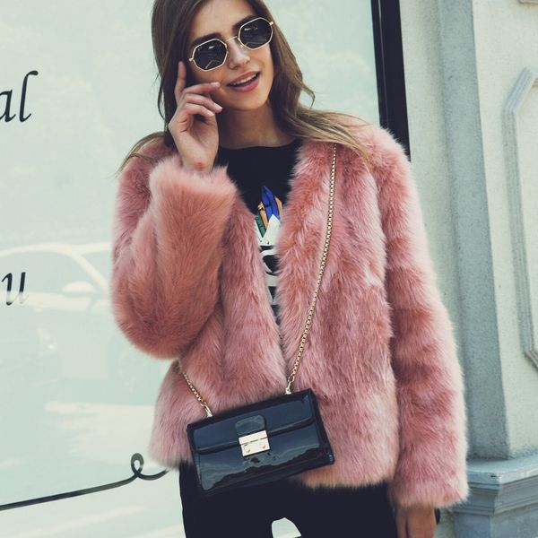 

elegant pink shaggy women faux fur coat streetwear autumn winter warm plush teddy coat female plus size overcoat party, Black