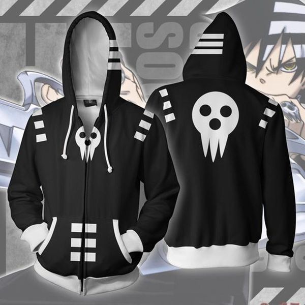 

anime soul eater zipper hoodie hooded 3d print jacket coat pullover sportswear streetwear sweatshirt cosplay costume daily, Black